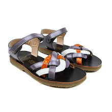 Carica l&#39;immagine nel visualizzatore di Gallery, Sandals in white/violet/orange leather, wave upper straps with snake-style details and rubber soles
