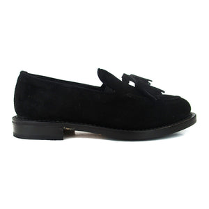 Goodyear welted black tassel loafers in elegant suede