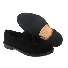 Load image into Gallery viewer, Goodyear welted black tassel loafers in elegant suede
