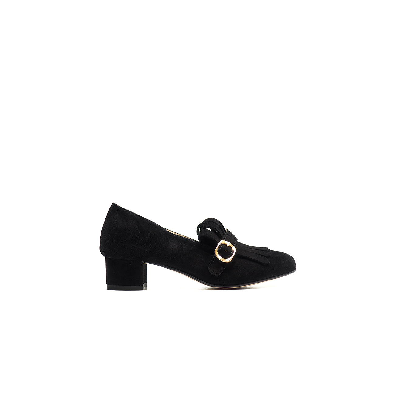 Single buckles shoes with fringes and heel in black suede