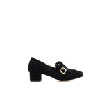 Single buckles shoes with fringes and heel in black suede