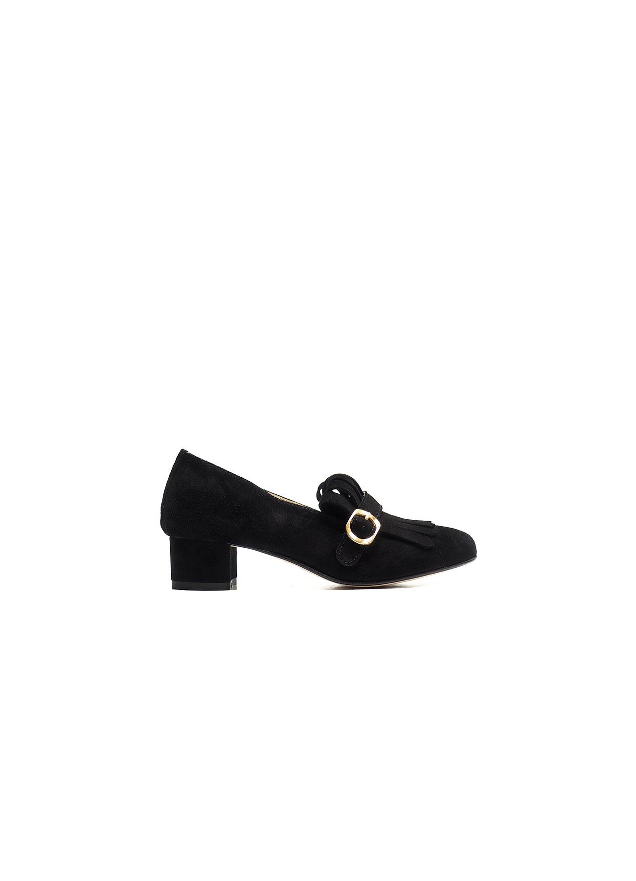 Single buckles shoes with fringes and heel in black suede