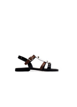 Load image into Gallery viewer, Sandals in Black and Brown Calf Leather with White Fringe and Studs
