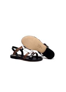 Sandals in Black and Brown Calf Leather with White Fringe and Studs