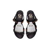 Sandals in Black and Brown Calf Leather with White Fringe and Studs