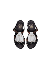 Sandals in Black and Brown Calf Leather with White Fringe and Studs