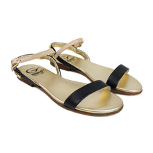Load image into Gallery viewer, Sandals in black/beige leather with bright accessories on back strap
