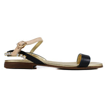 Load image into Gallery viewer, Sandals in black/beige leather with bright accessories on back strap
