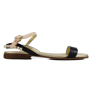 Sandals in black/beige leather with bright accessories on back strap
