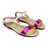 Sandals in fuxia laminated calfskin leather with bright accessories