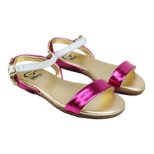 Load image into Gallery viewer, Sandals in fuxia/white leather with bright accessories on back strap
