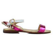 Load image into Gallery viewer, Sandals in fuxia/white leather with bright accessories on back strap
