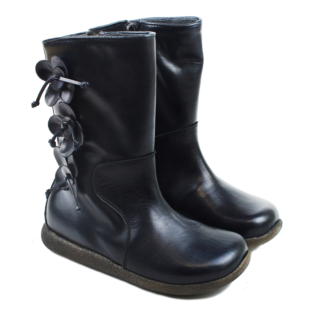 Toddler Boots in navy leather with leather roses