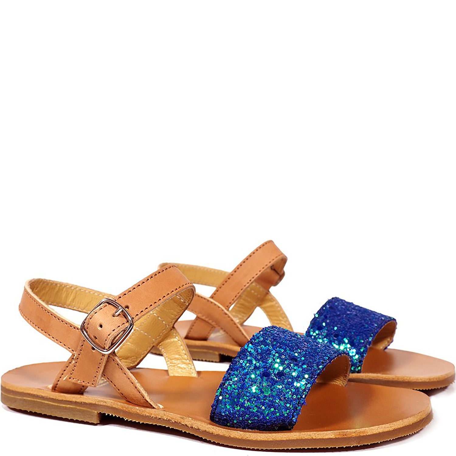 Sandals in Blue Glitter and Tan Calf Leather