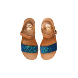 Sandals in Blue Glitter and Tan Calf Leather