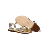 Sandals in Platinum Leather and Floral Accessories