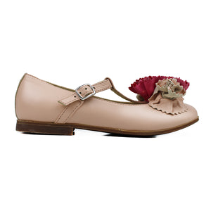 Ballerinas in pink leather with bold leather roses on top