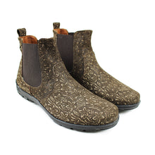 Load image into Gallery viewer, Chelsea Boots in dark brown leather with all-over flowers
