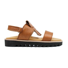 Load image into Gallery viewer, Sandals in tan leather, bold fringe and chunky shark tooth soles
