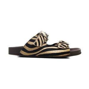 Sandals in pony leather with animalier effect and two buckles