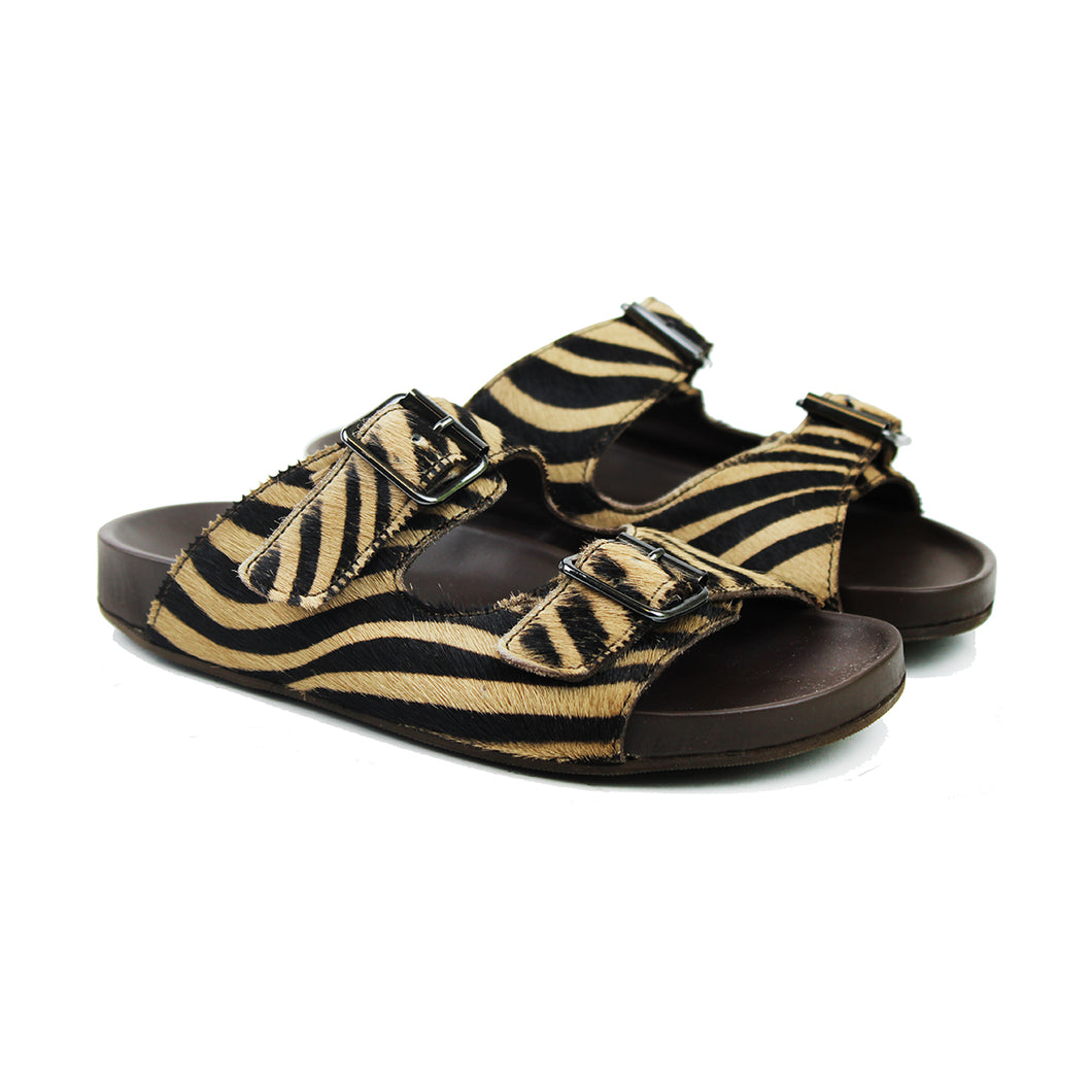Sandals in pony leather with animalier effect and two buckles