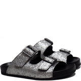 Slipper in Silver Glitter Leather with Black Rubber Sole