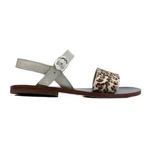 Sandals in animalier pony leather and beige patent leather