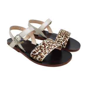 Sandals in animalier pony leather and beige patent leather