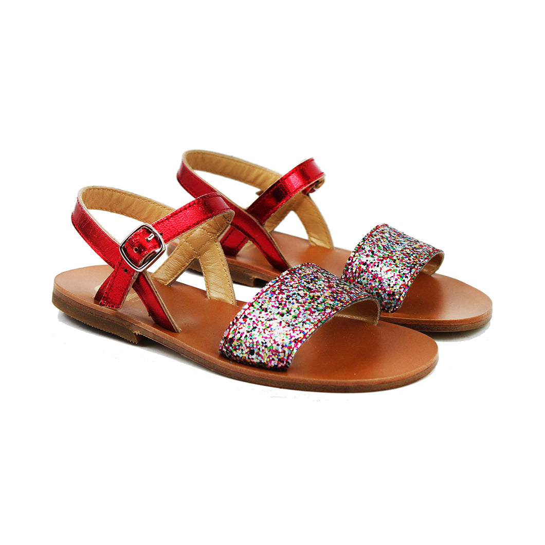 Sandals with multicolor bands and red straps