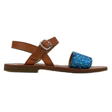 Load image into Gallery viewer, Sandals in tan leather and blue glitter
