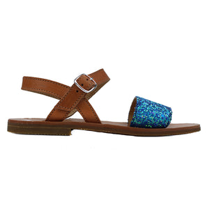 Sandals in tan leather and blue glitter