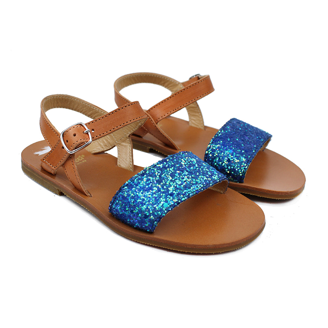 Sandals in tan leather and blue glitter