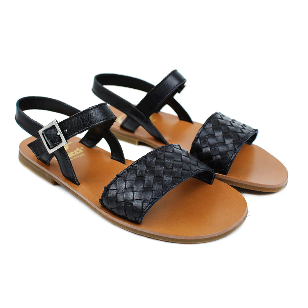 Sandals in black woven leather and rubber sole