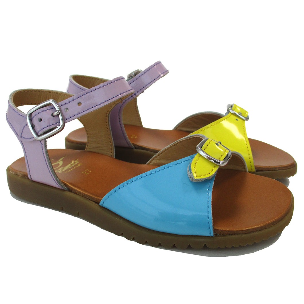 Sandals in yellow fluo, blue and purple leather
