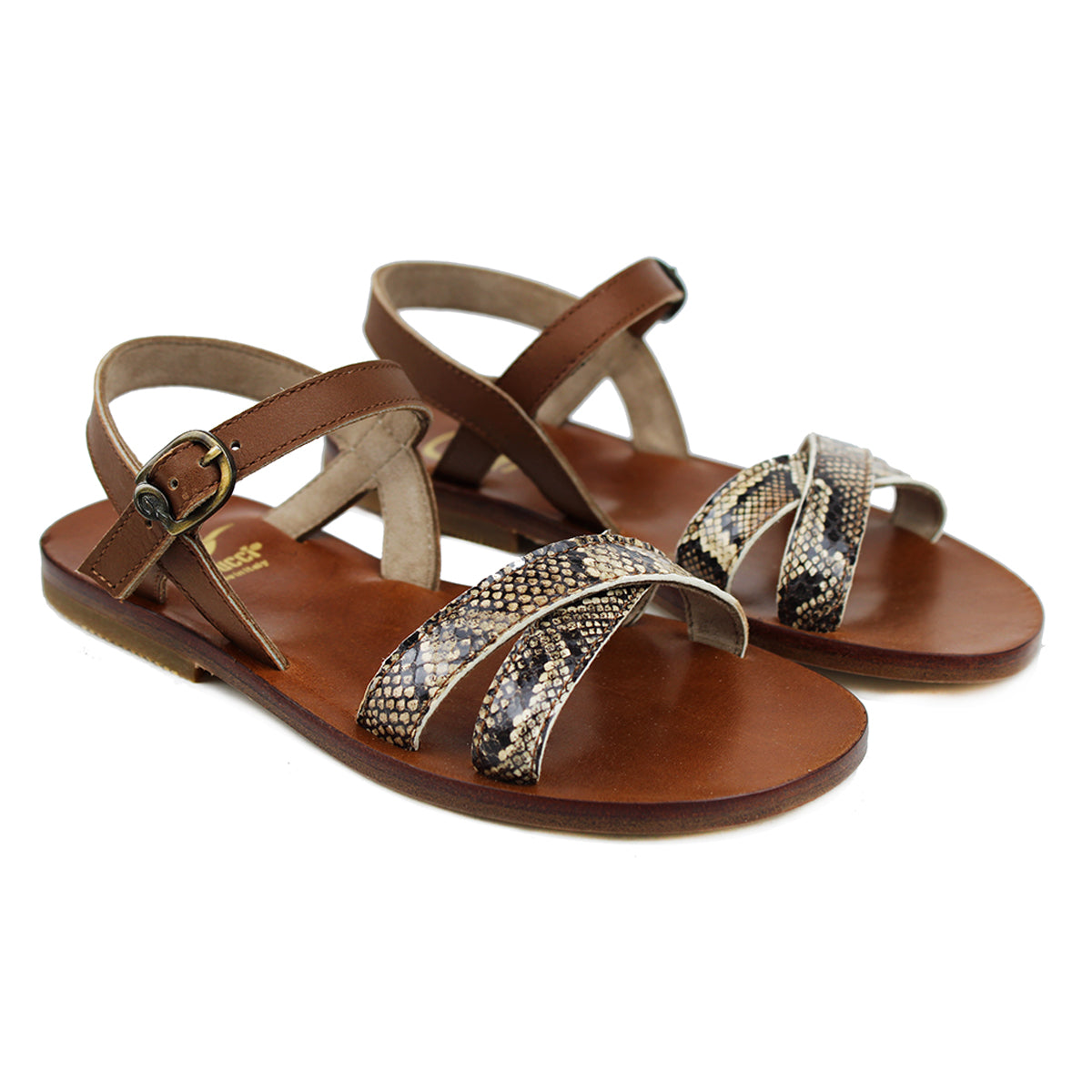 Sandals in Snake-style beige and tan calfskin leather