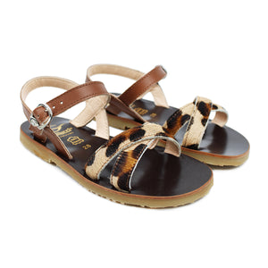 Sandals in tan pony animalier and tan leather