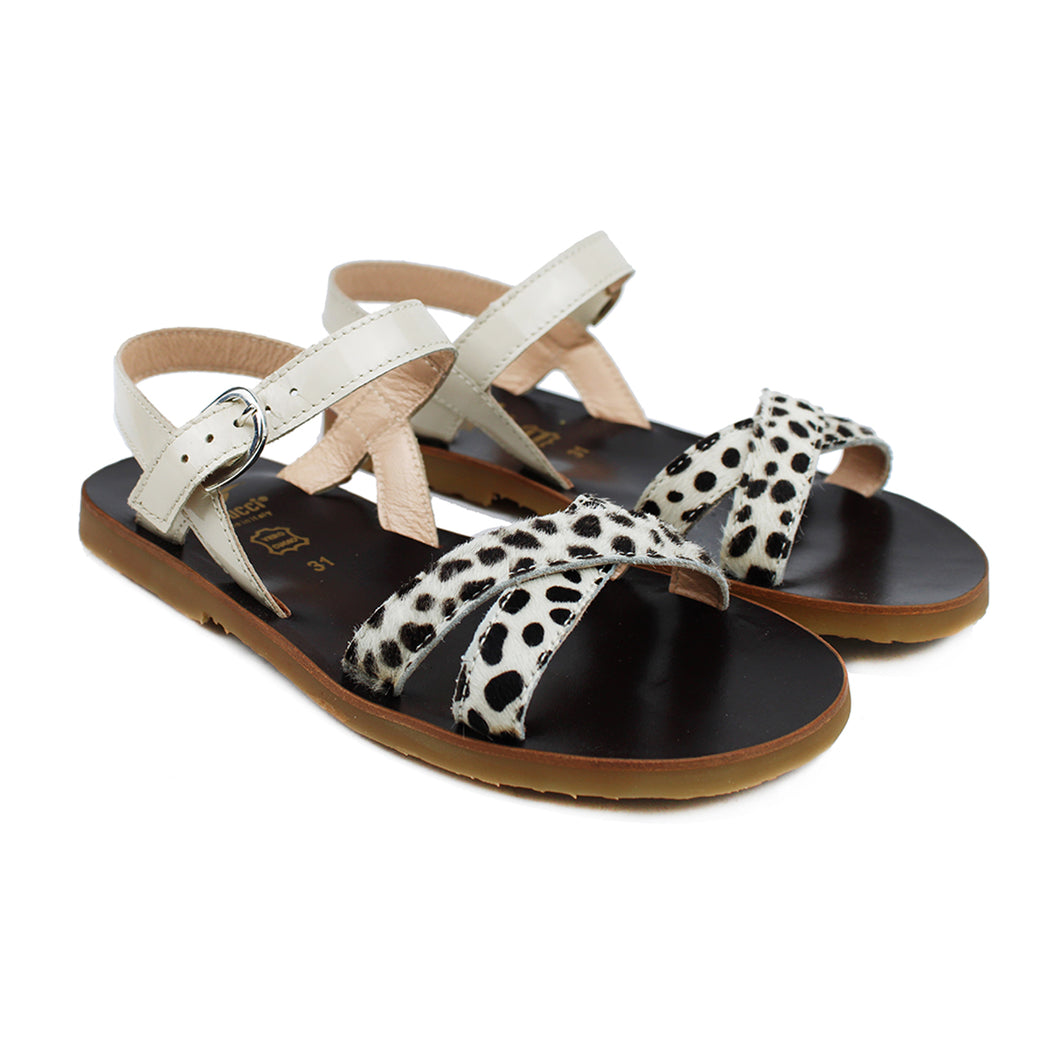 Sandals in ecru pony animalier and beige patent leather