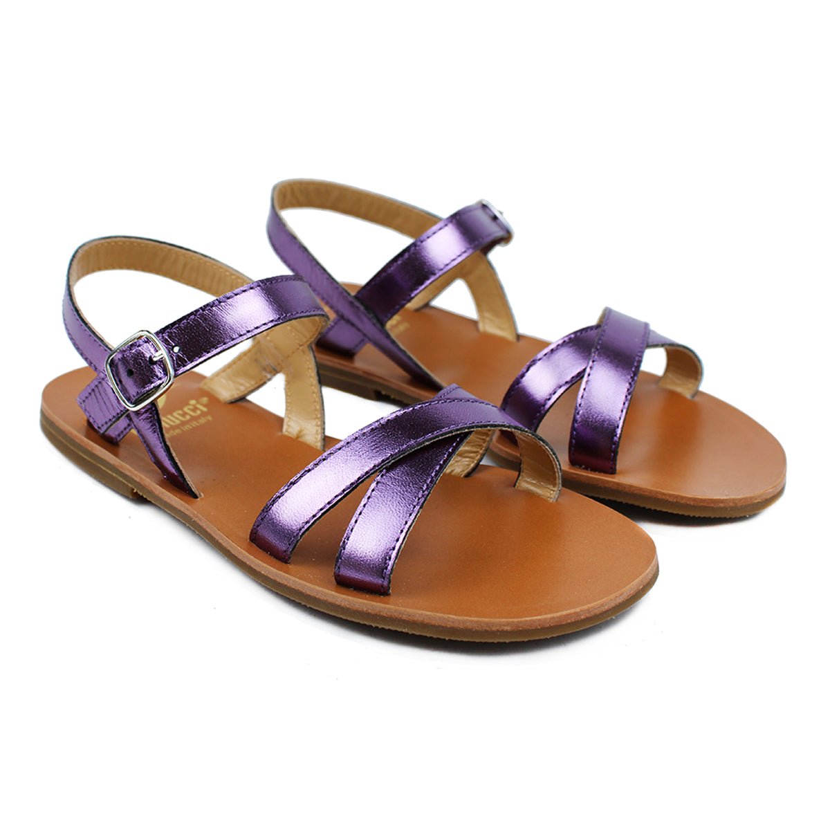 Sandals in violet laminated calfskin leather
