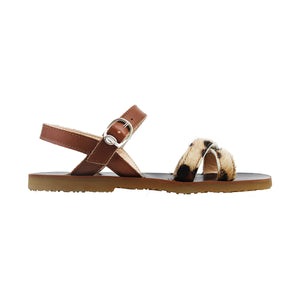 Sandals in pony-effect and tan leather with rubber sole