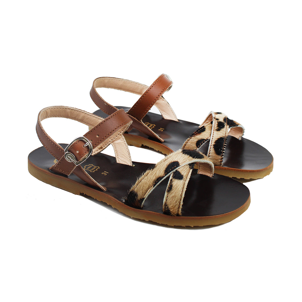 Sandals in pony-effect and tan leather with rubber sole
