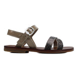 Sandals in snake-style grey leather and beige patent leather
