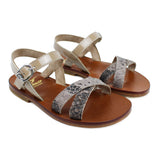 Sandals in snake-style grey leather and beige patent leather