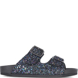 Sandals in dark blue multicolor glitter fabric with calf lining leather