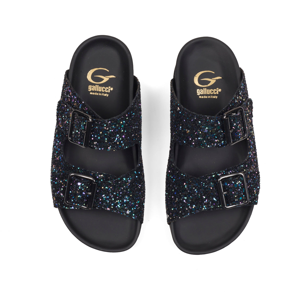 Sandals in dark blue multicolor glitter fabric with calf lining leather