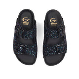 Sandals in dark blue multicolor glitter fabric with calf lining leather