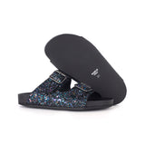 Sandals in dark blue multicolor glitter fabric with calf lining leather