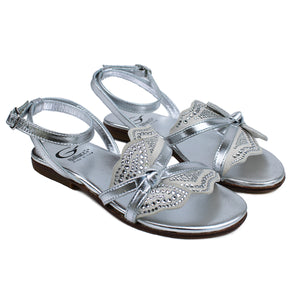 Sandals in silver leather with leather shiny butterfly on top