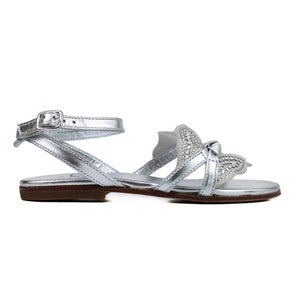 Sandals in silver leather with leather shiny butterfly on top