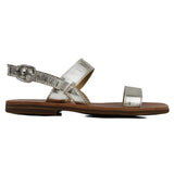 Sandals in platinum laminated calfskin leather with single strap