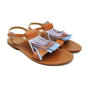 Sandals in tan leather with azure/violet/tan fringe and leather sole with antislipping